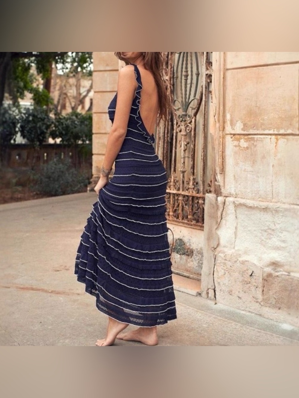NWT Sezane Marcia Dress Women’s Navy Ruffle Maxi Dress - Open Back size large